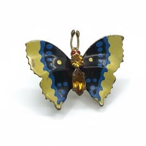 Antique Czechoslovakia Butterfly Brooch Enamel & Glass Amber C Clasp Delicate